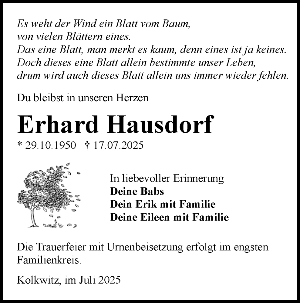  Traueranzeige für Erhard Hausdorf vom 02.08.2025 aus Lausitzer Rundschau