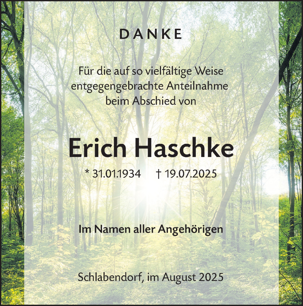  Traueranzeige für Erich Haschke vom 30.08.2025 aus Lausitzer Rundschau
