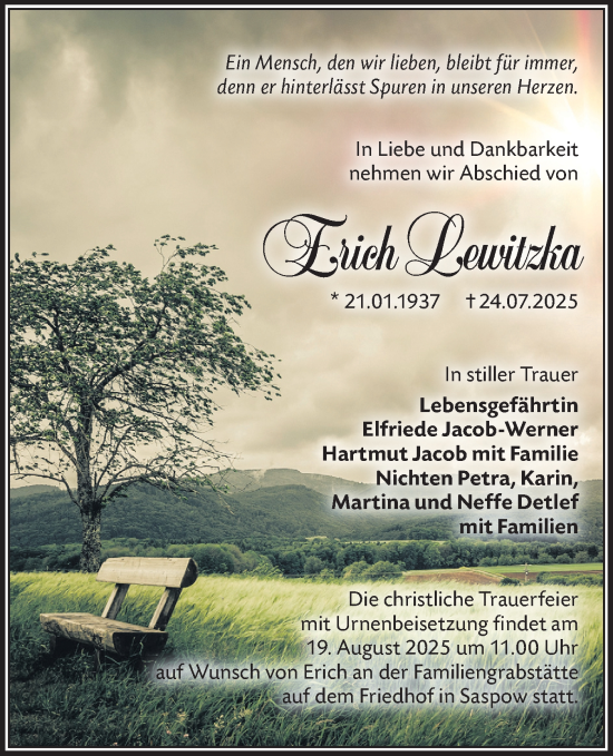 Traueranzeige von Erich Lewitzka von Lausitzer Rundschau