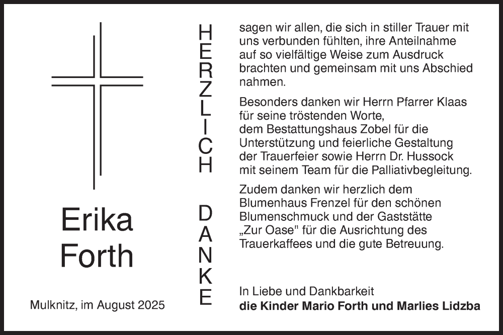  Traueranzeige für Erika Forth vom 09.08.2025 aus Lausitzer Rundschau