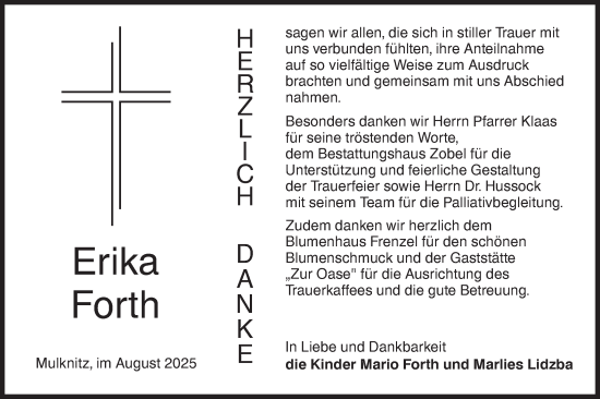 Traueranzeige von Erika Forth von Lausitzer Rundschau