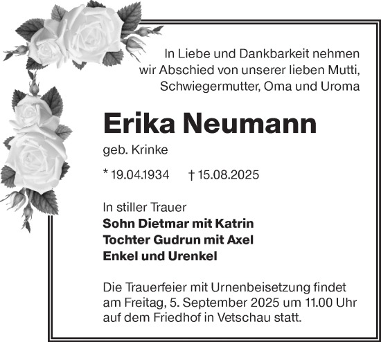 Traueranzeige von Erika Neumann von Lausitzer Rundschau