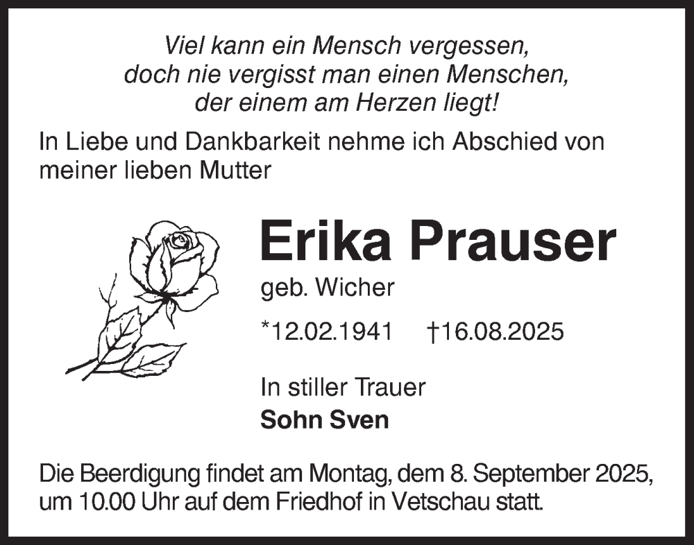  Traueranzeige für Erika Prauser vom 23.08.2025 aus Lausitzer Rundschau