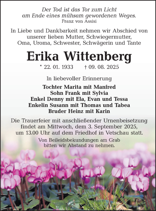 Traueranzeige von Erika Wittenberg von Lausitzer Rundschau