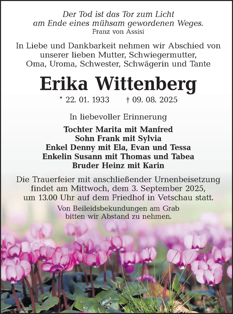  Traueranzeige für Erika Wittenberg vom 23.08.2025 aus Lausitzer Rundschau