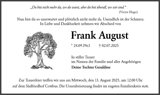 Traueranzeige von Frank August von Lausitzer Rundschau