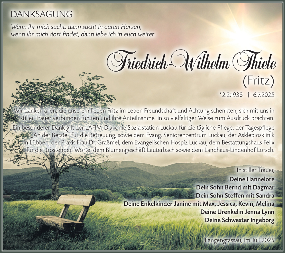  Traueranzeige für Friedrich-Wilhelm Thiele vom 02.08.2025 aus Lausitzer Rundschau