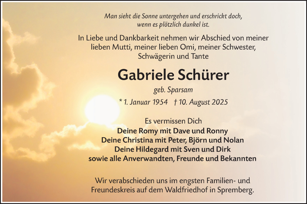  Traueranzeige für Gabriele Schürer vom 23.08.2025 aus Lausitzer Rundschau