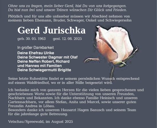 Traueranzeige von Gerd Jurischka von Lausitzer Rundschau