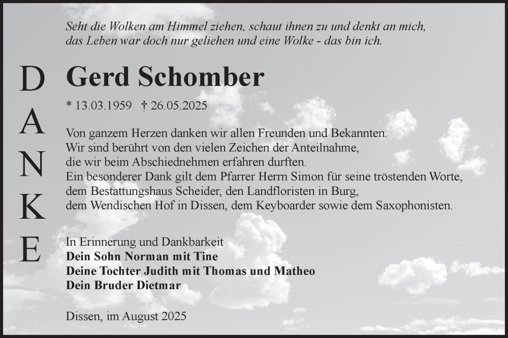  Traueranzeige für Gerd Schomber vom 16.08.2025 aus Lausitzer Rundschau