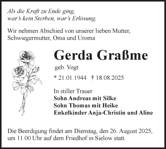 Traueranzeige von Gerda Graßme von Lausitzer Rundschau