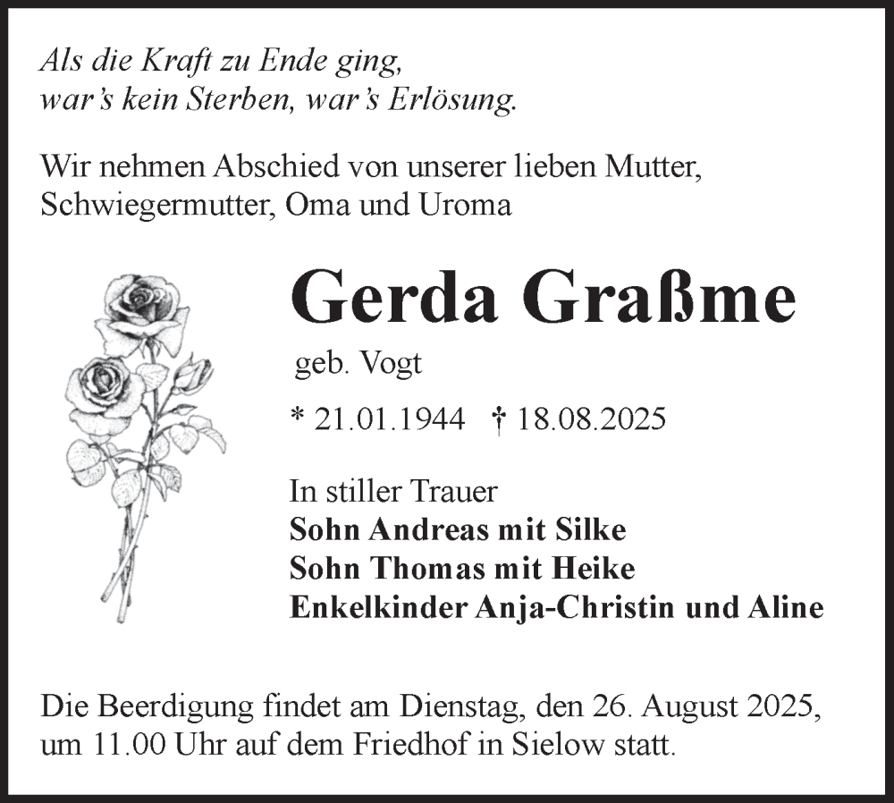  Traueranzeige für Gerda Graßme vom 21.08.2025 aus Lausitzer Rundschau