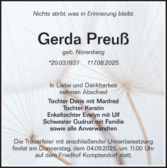 Traueranzeige von Gerda Preuß von Lausitzer Rundschau