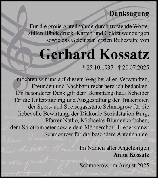 Traueranzeige von Gerhard Kossatz von Lausitzer Rundschau