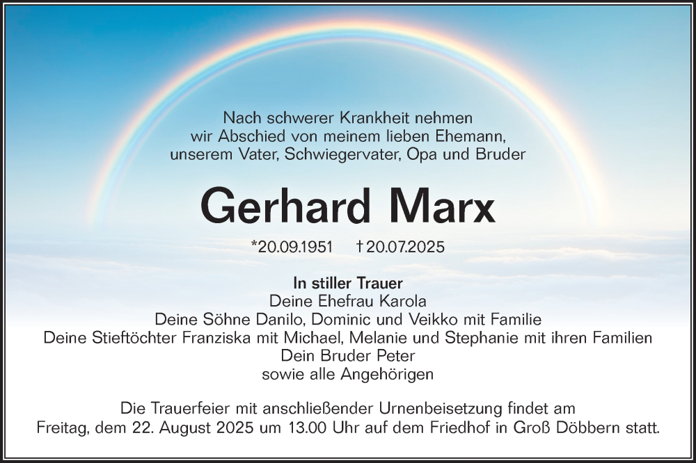  Traueranzeige für Gerhard Marx vom 09.08.2025 aus Lausitzer Rundschau