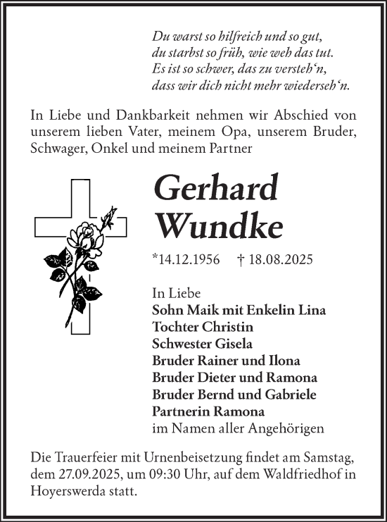 Traueranzeige von Gerhard Wundke von Lausitzer Rundschau