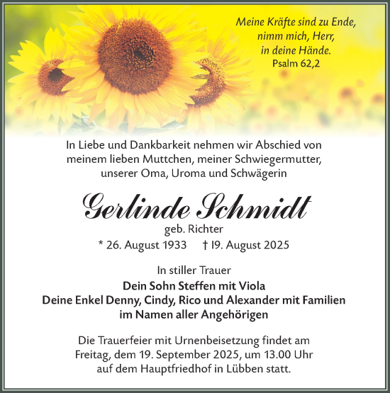 Traueranzeige von Gerlinde Schmidt von Lausitzer Rundschau