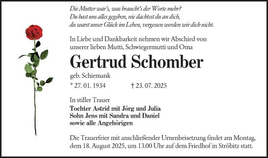 Traueranzeige von Gertrud Schomber von Lausitzer Rundschau