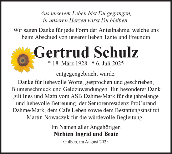 Traueranzeige von Gertrud Schulz von Ausg. LR Spreewald RS