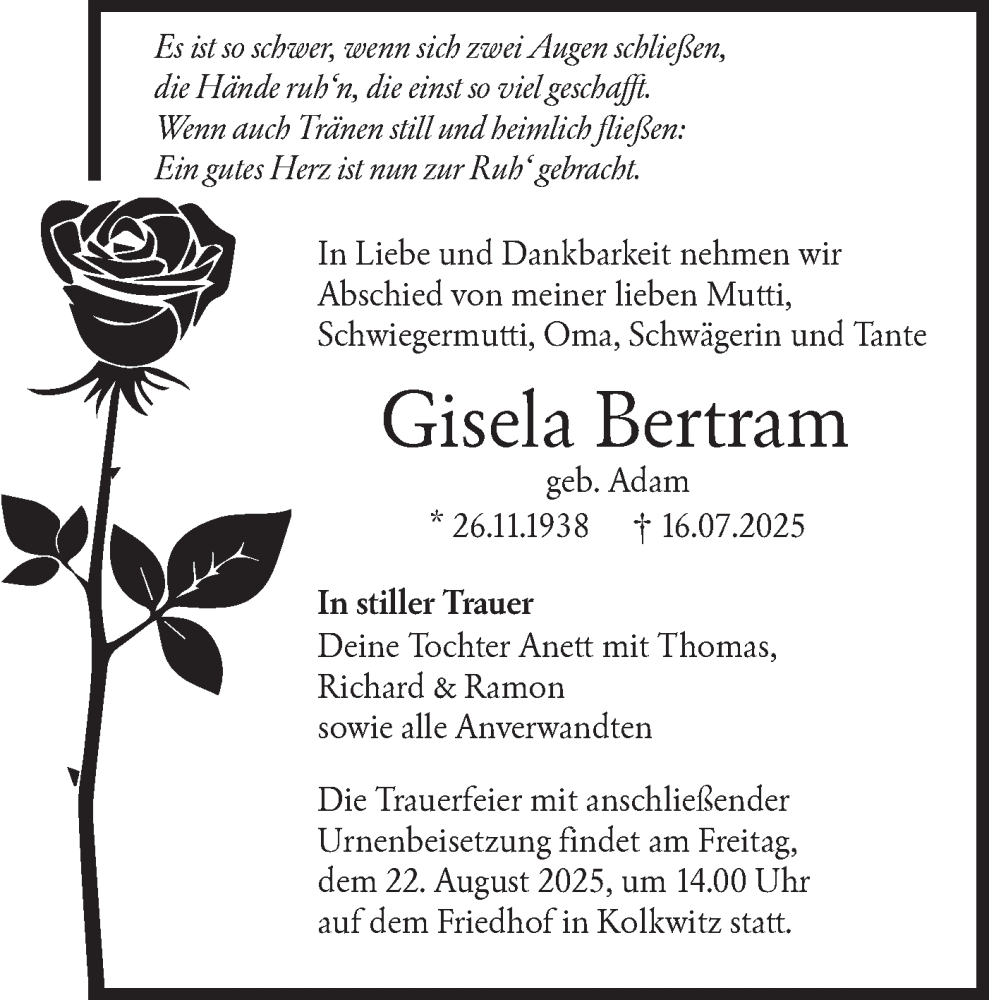  Traueranzeige für Gisela Bertram vom 02.08.2025 aus Lausitzer Rundschau