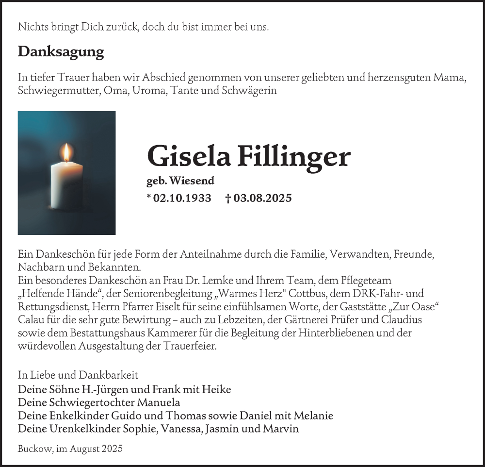  Traueranzeige für Gisela Fillinger vom 30.08.2025 aus Lausitzer Rundschau