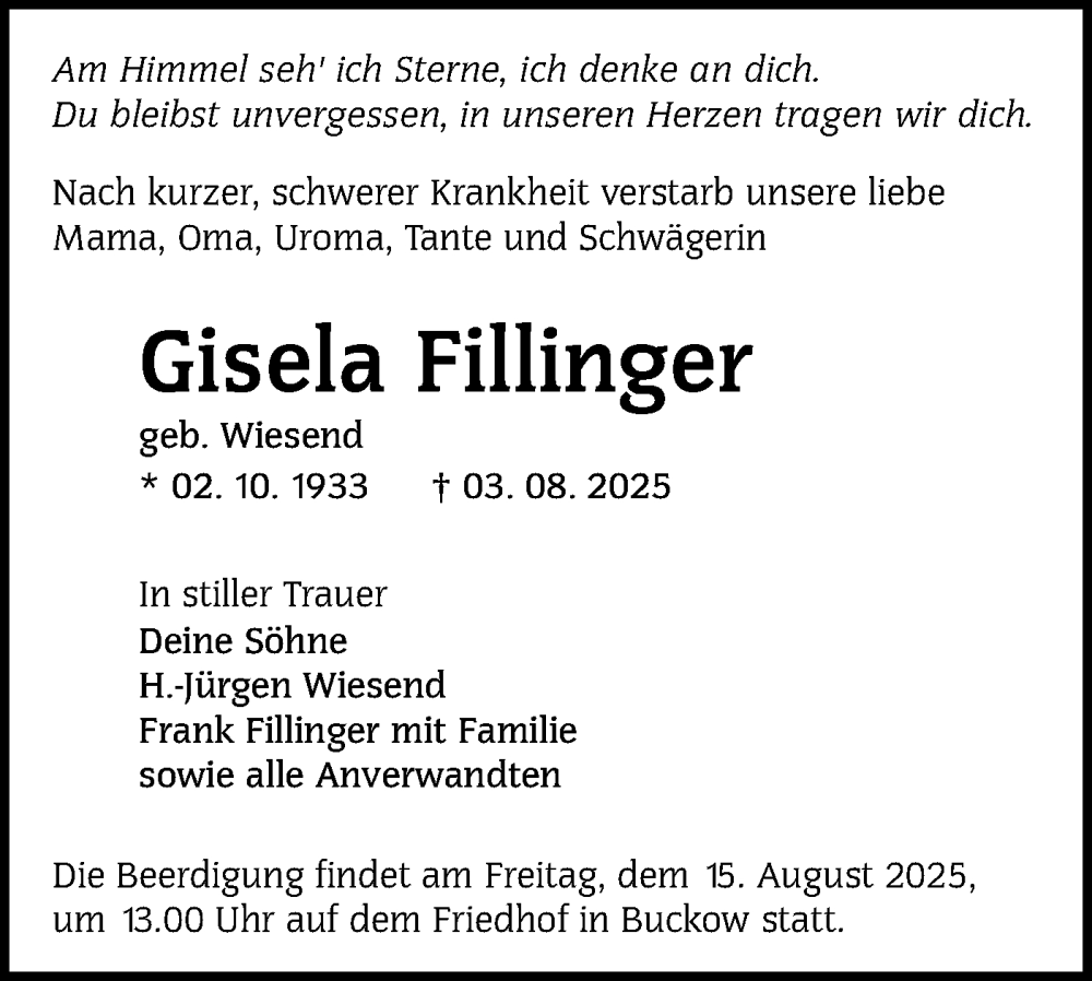  Traueranzeige für Gisela Fillinger vom 09.08.2025 aus Lausitzer Rundschau