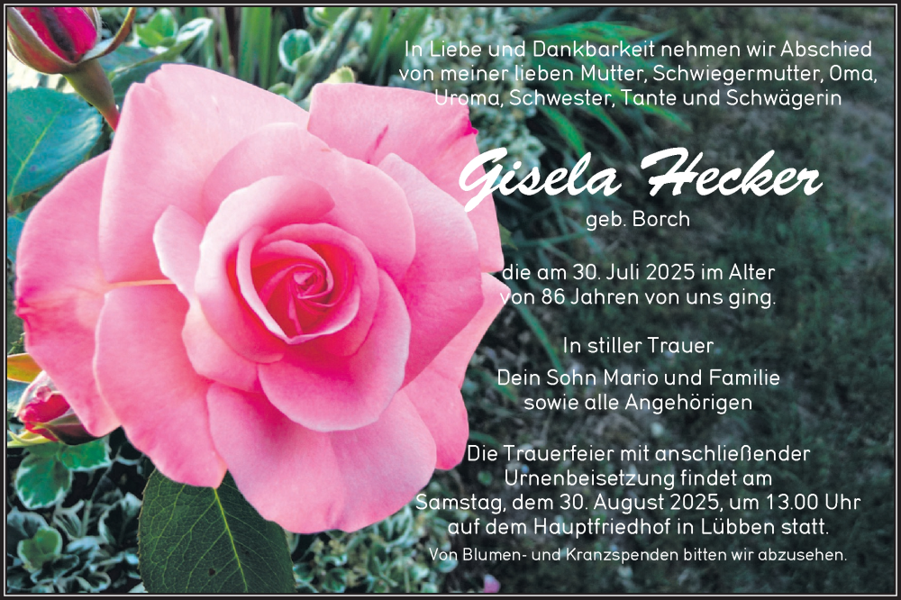  Traueranzeige für Gisela Hecker vom 16.08.2025 aus Lausitzer Rundschau