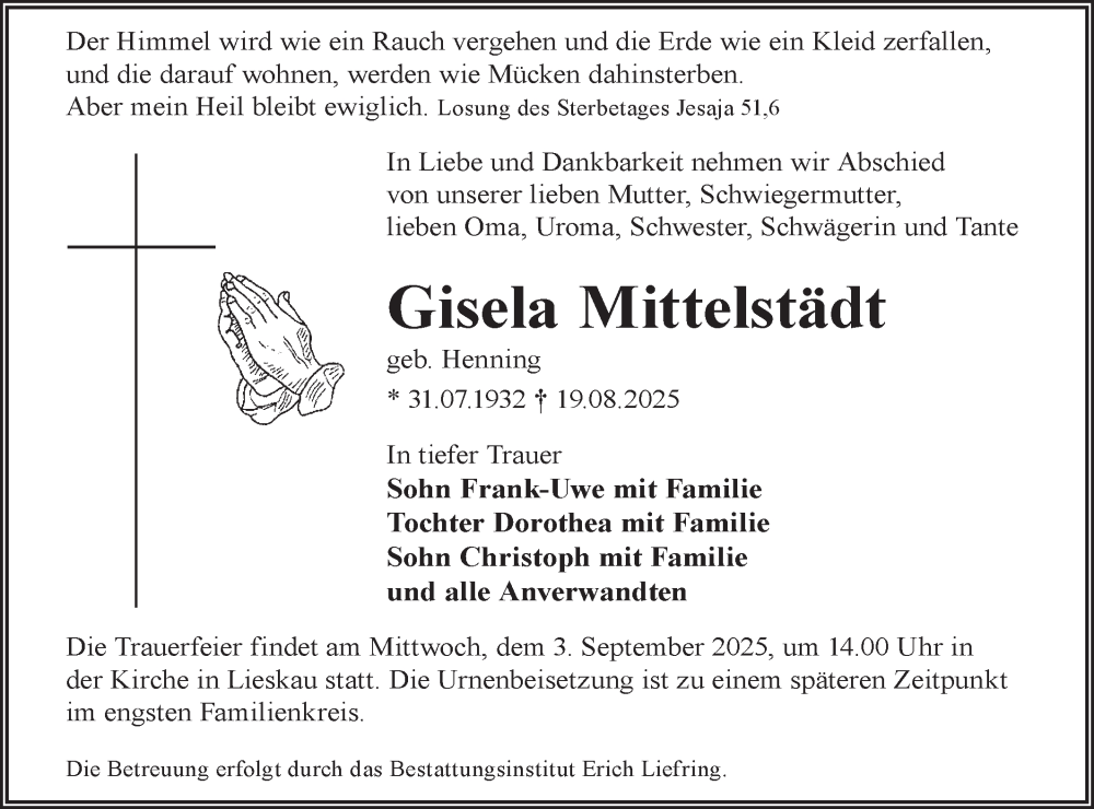  Traueranzeige für Gisela Mittelstädt vom 30.08.2025 aus Lausitzer Rundschau