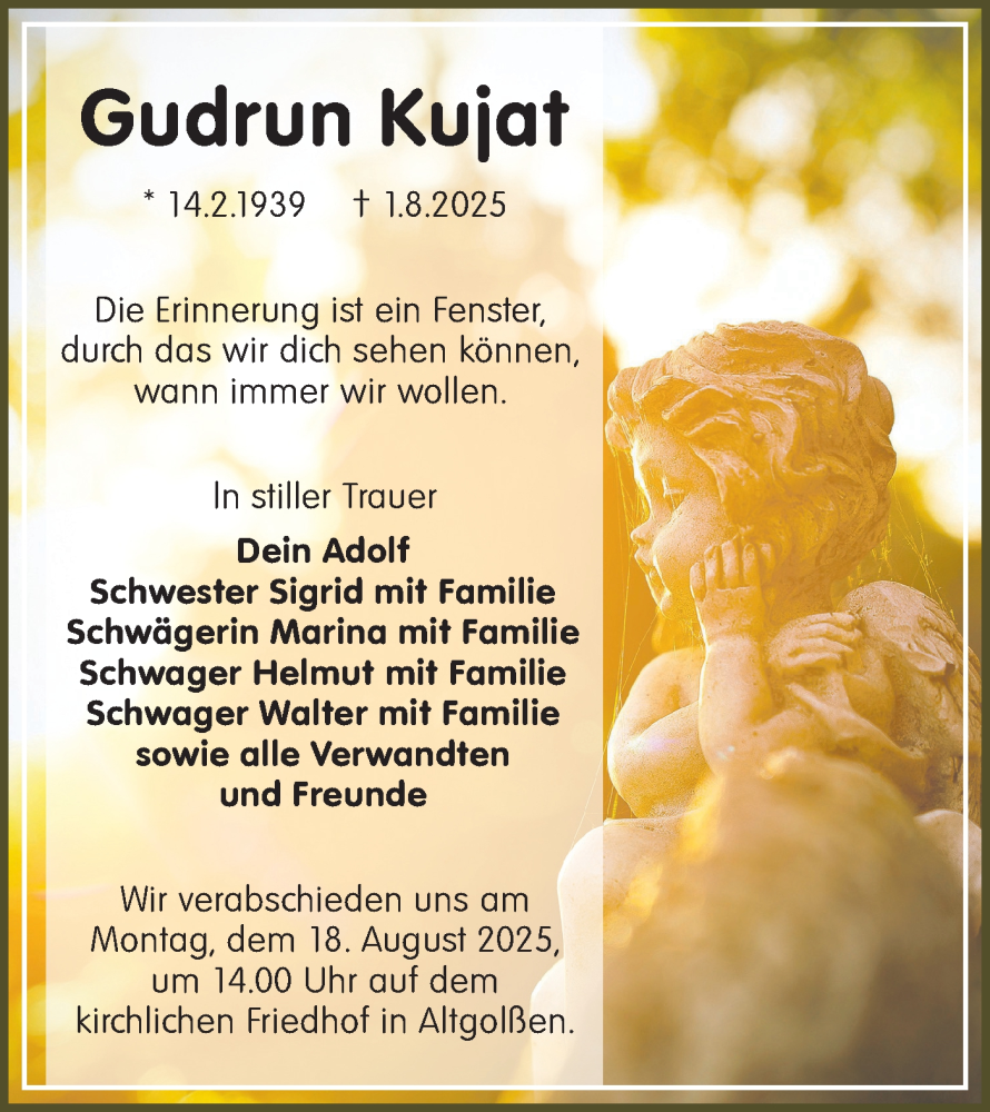  Traueranzeige für Gudrun Kujat vom 09.08.2025 aus Lausitzer Rundschau