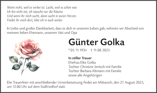 Traueranzeige von Günter Golka von Lausitzer Rundschau