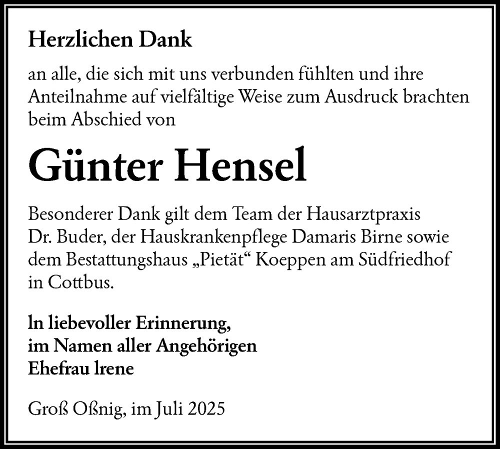  Traueranzeige für Günter Hensel vom 09.08.2025 aus Lausitzer Rundschau