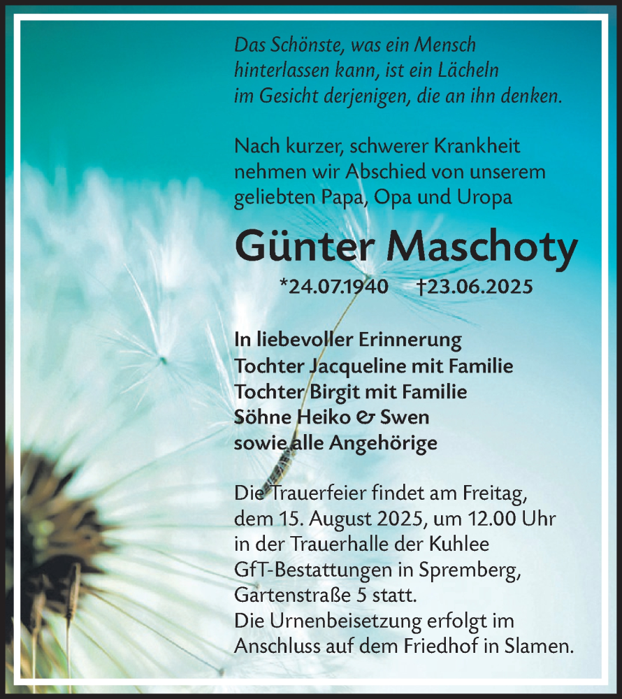 Traueranzeige für Günter Maschoty vom 02.08.2025 aus Lausitzer Rundschau