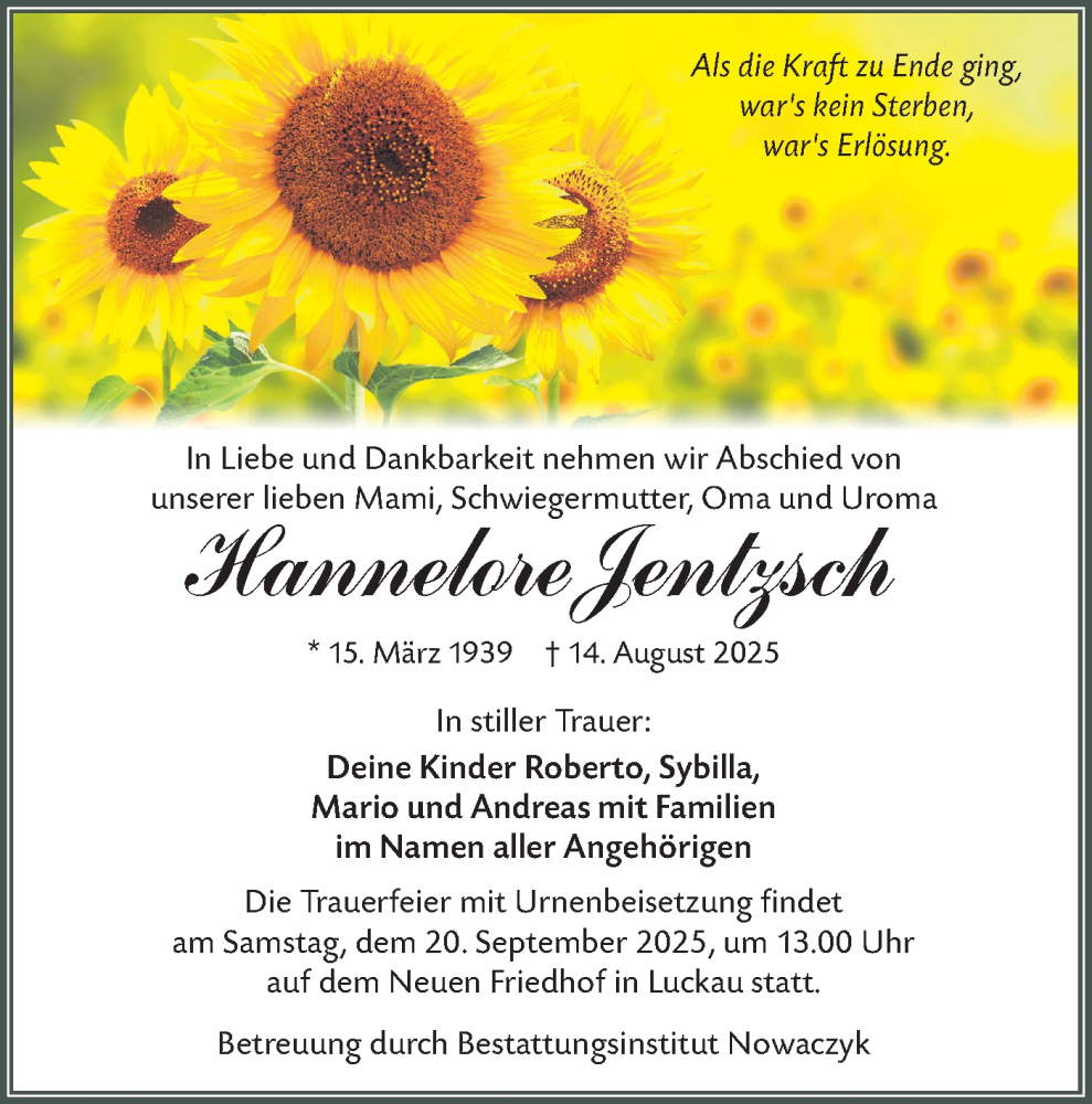  Traueranzeige für Hannelore Jentzsch vom 30.08.2025 aus Lausitzer Rundschau