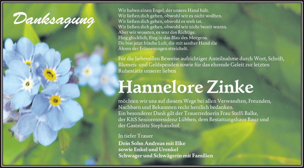  Traueranzeige für Hannelore Zinke vom 16.08.2025 aus Lausitzer Rundschau