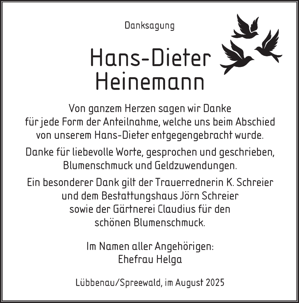  Traueranzeige für Hans-Dieter Heinemann vom 16.08.2025 aus Lausitzer Rundschau