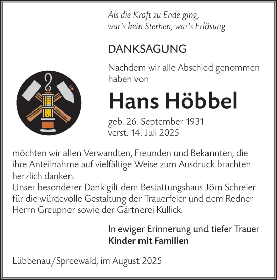 Traueranzeige von Hans Höbbel von Ausg. LR Spreewald RS