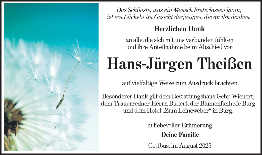  Traueranzeige für Hans-Jürgen Theißen vom 23.08.2025 aus Lausitzer Rundschau
