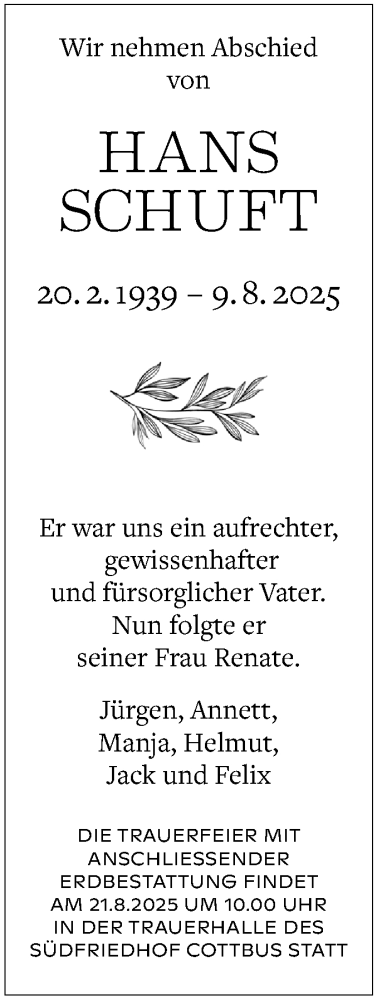  Traueranzeige für Hans Schuft vom 13.08.2025 aus Lausitzer Rundschau