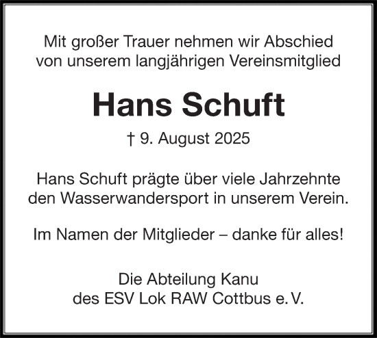 Traueranzeige von Hans Schuft von Lausitzer Rundschau