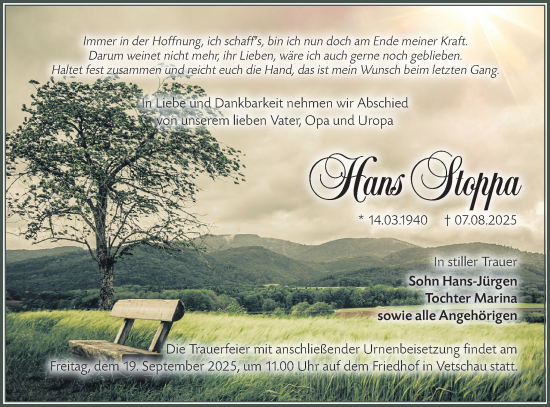 Traueranzeige von Hans Stoppa von Lausitzer Rundschau