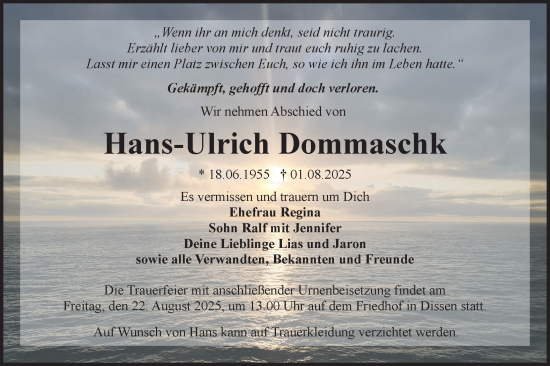 Traueranzeige von Hans-Ulrich Dommaschk von Lausitzer Rundschau