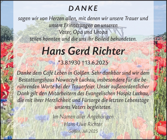 Traueranzeige von Hans Gerd Richter von Lausitzer Rundschau