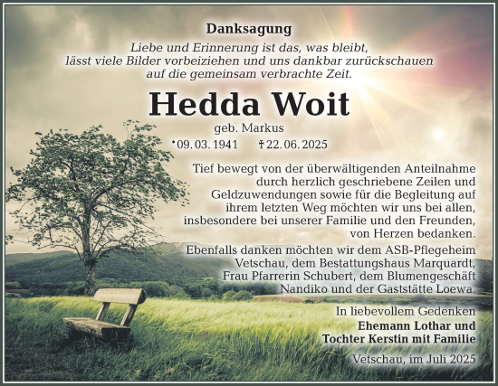Traueranzeige von Hedda Woit von Lausitzer Rundschau