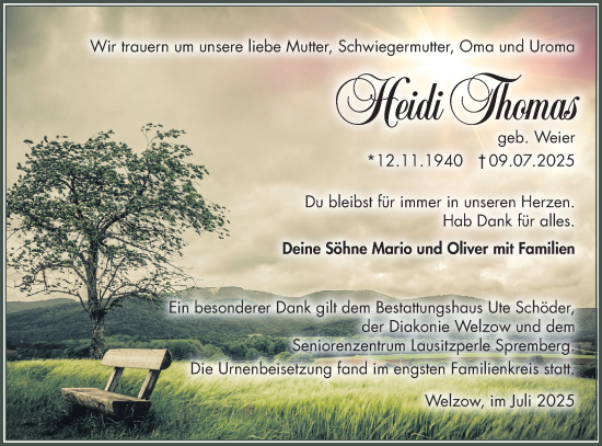 Traueranzeige von Heidi Thomas von Lausitzer Rundschau