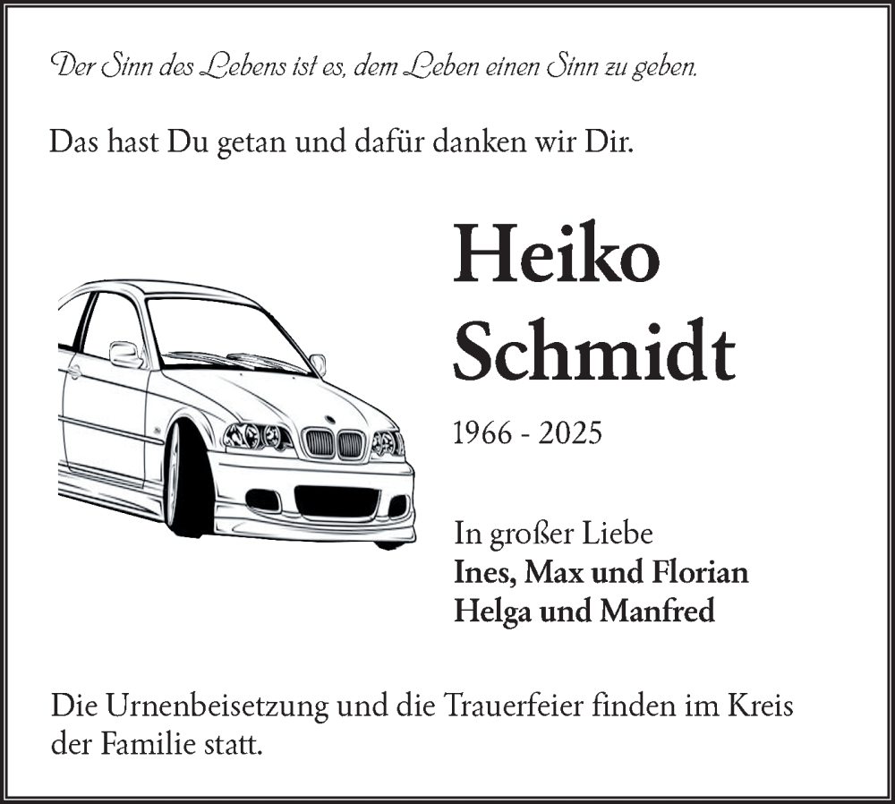  Traueranzeige für Heiko Schmidt vom 02.08.2025 aus Lausitzer Rundschau