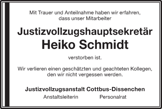 Traueranzeige von Heiko Schmidt von Lausitzer Rundschau