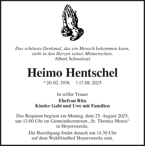 Traueranzeige von Heimo Hentschel von Lausitzer Rundschau
