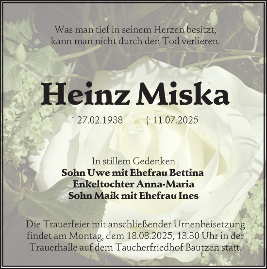 Traueranzeige von Heinz Miska von Lausitzer Rundschau