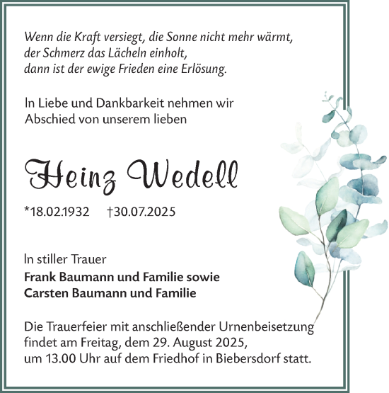 Traueranzeige von Heinz Wedell von Lausitzer Rundschau