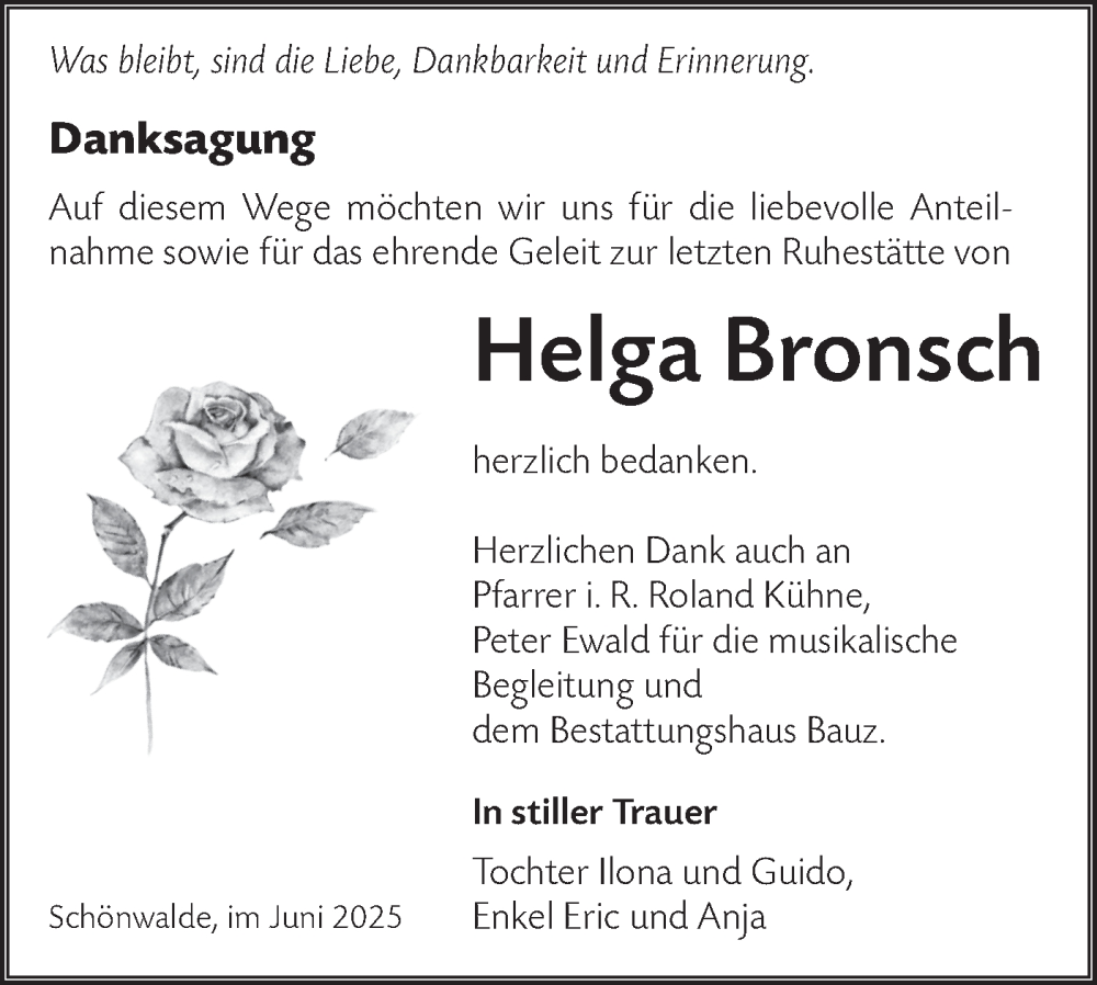  Traueranzeige für Helga Bronsch vom 09.08.2025 aus Lausitzer Rundschau
